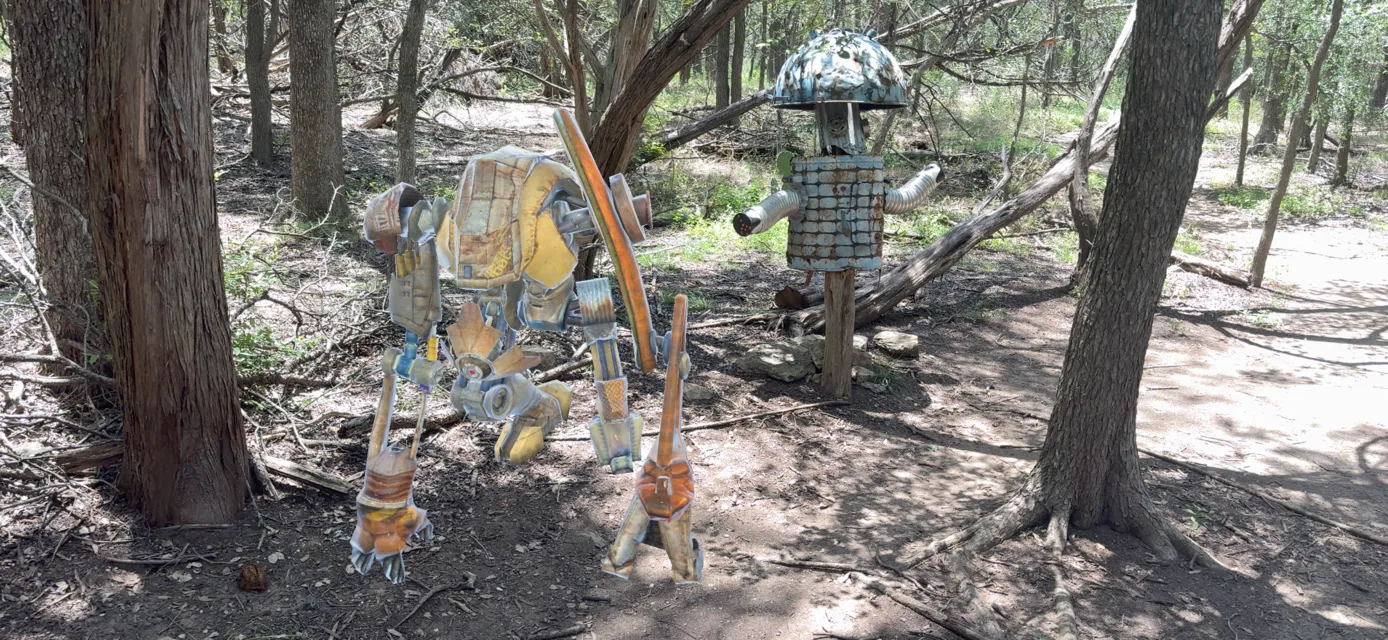 An ornate guardian creature and mushroom shrine posed in AR among cedars