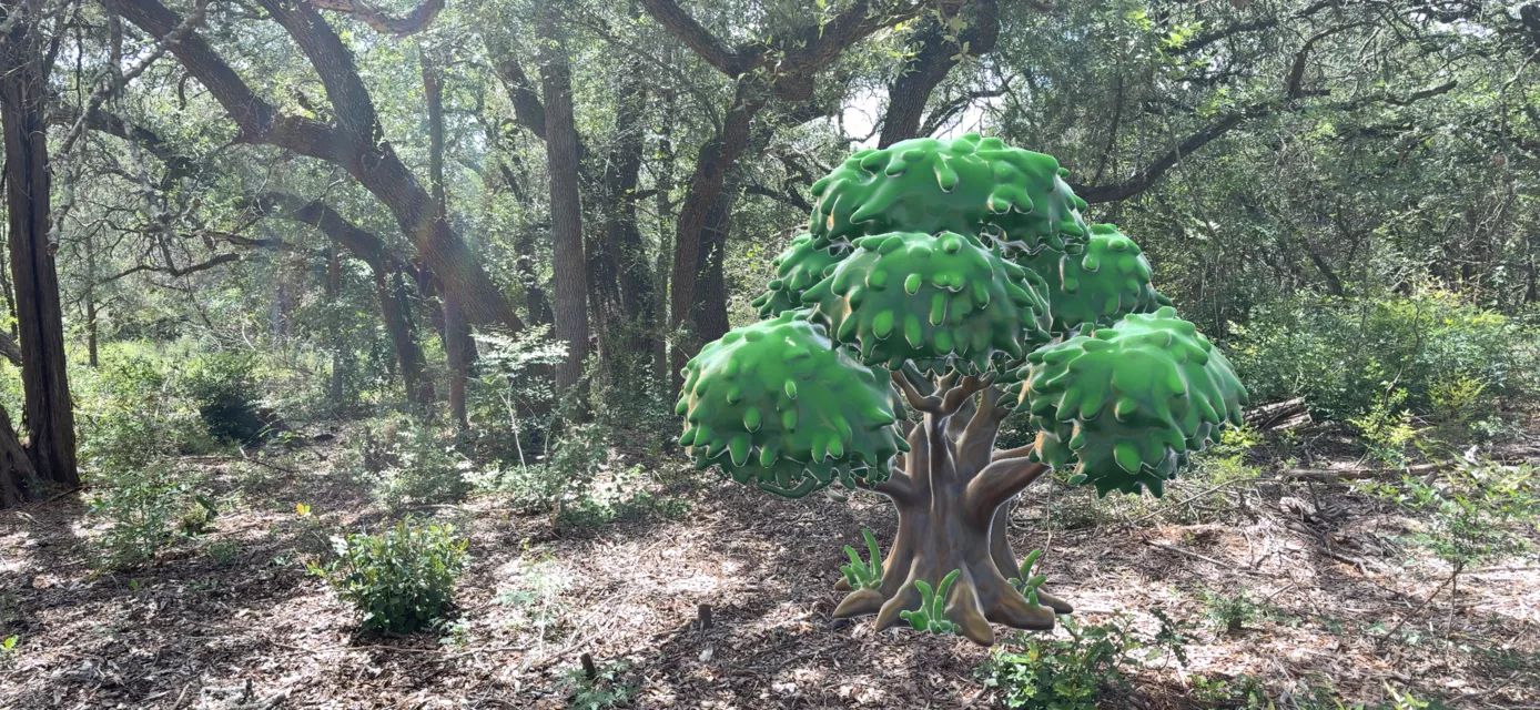A giant leafy topiary tree revealed in AR in a sunlit forest clearing